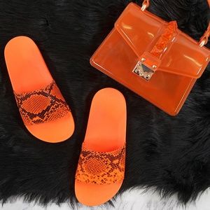 NEON ORANGE SNAKE PRINT SINGLE BAND SLIDES